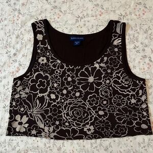 Karen Scott 100% Cotton Crop Top Floral Ribbed Raw Hem Brown Grunge Fairy